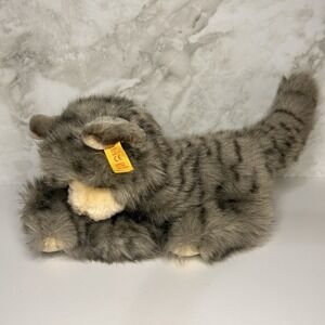 Steiff Plush Laying Down Cat Kitten Gray With Yellow Tag Green Eyes Germany 13"